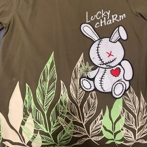 Men's Brown Tee with Green Leaf and Bunny Design